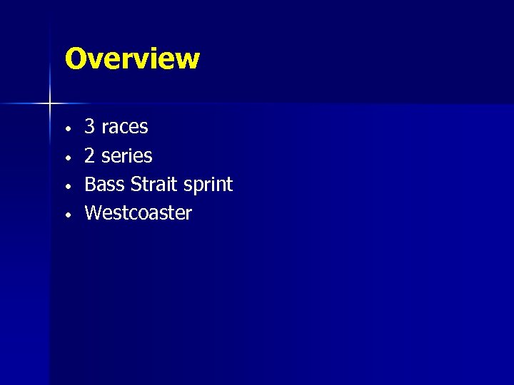 Overview • • 3 races 2 series Bass Strait sprint Westcoaster 