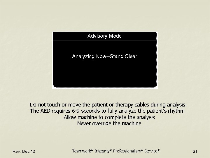 Do not touch or move the patient or therapy cables during analysis. The AED
