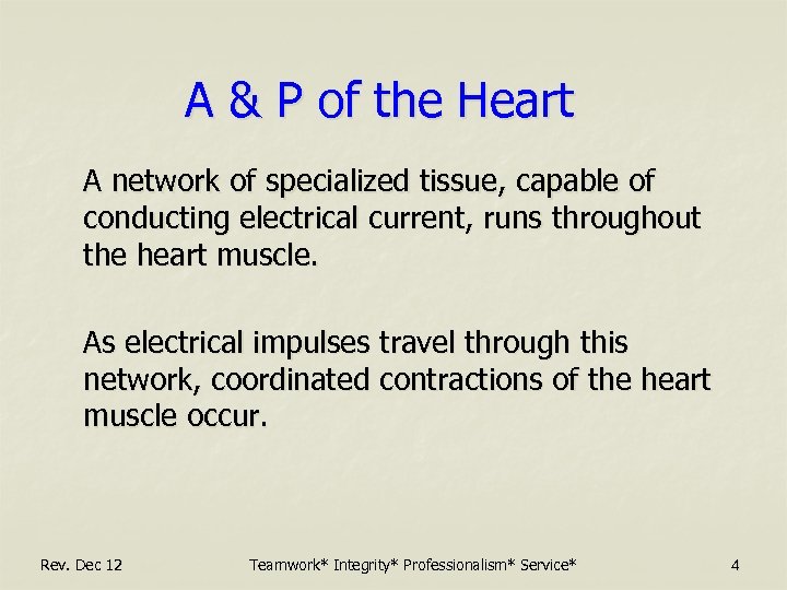 A & P of the Heart A network of specialized tissue, capable of conducting