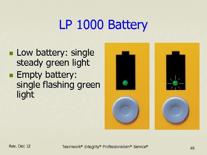 LP 1000 Battery n n Low battery: single steady green light Empty battery: single