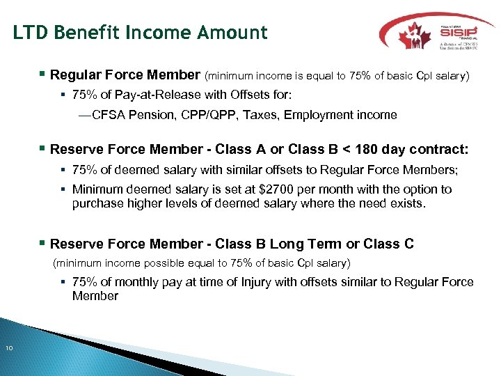 LTD Benefit Income Amount Regular Force Member (minimum income is equal to 75% of