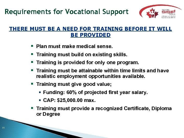 Requirements for Vocational Support THERE MUST BE A NEED FOR TRAINING BEFORE IT WILL