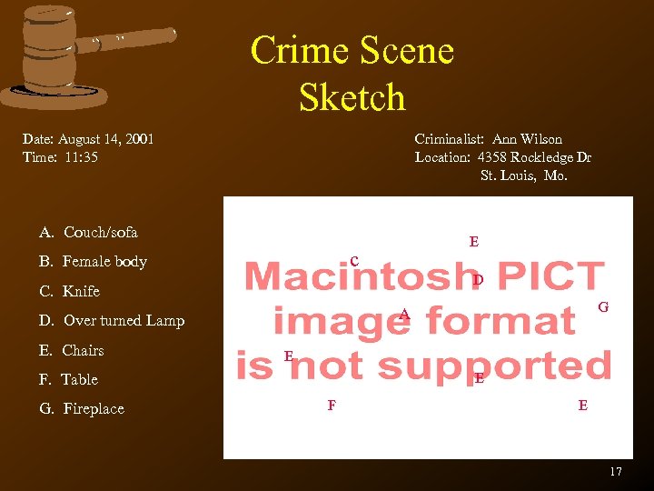 Crime Scene Sketch Date: August 14, 2001 Time: 11: 35 Criminalist: Ann Wilson Location: