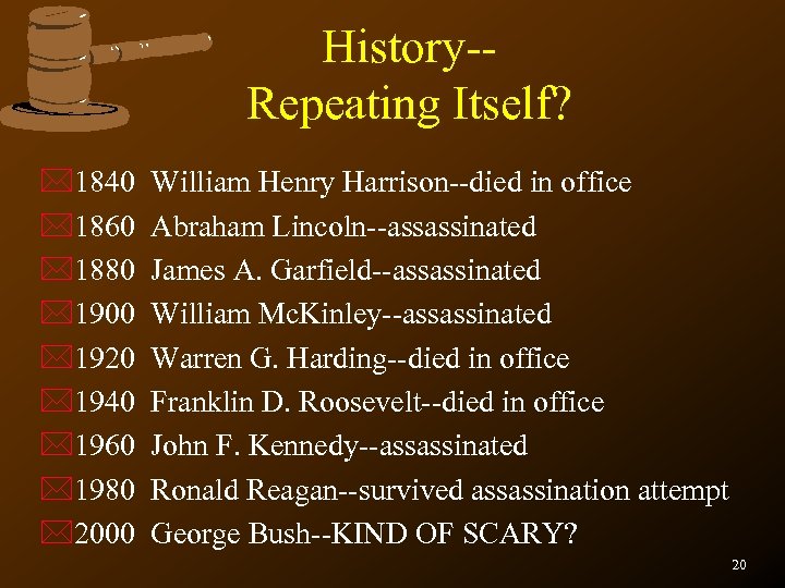 History-Repeating Itself? *1840 *1860 *1880 *1900 *1920 *1940 *1960 *1980 *2000 William Henry Harrison--died