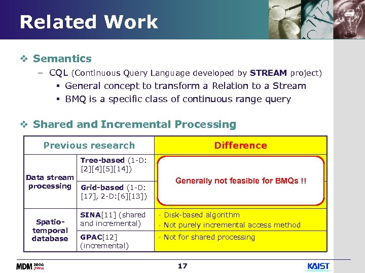 Related Work v Semantics – CQL (Continuous Query Language developed by STREAM project) §