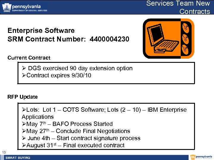 Services Team New Contracts Enterprise Software SRM Contract Number: 4400004230 Current Contract Ø DGS