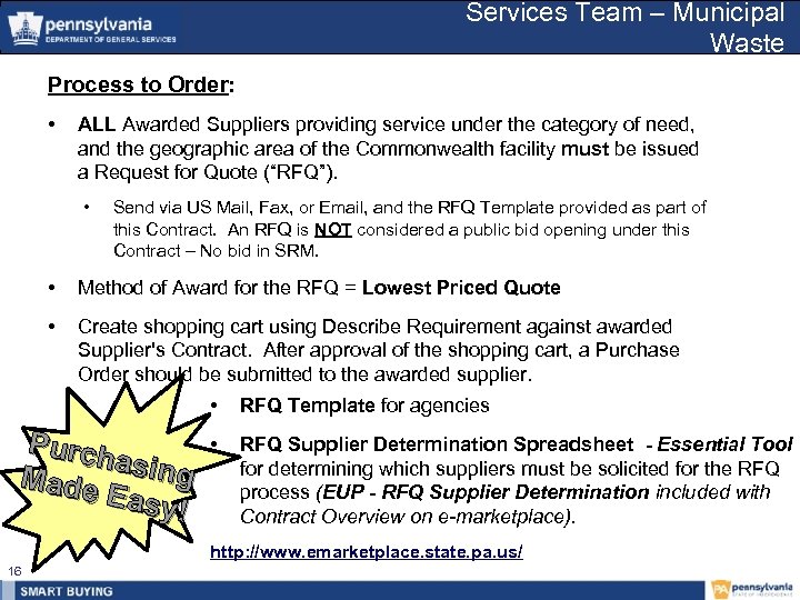 Services Team – Municipal Waste Process to Order: • ALL Awarded Suppliers providing service