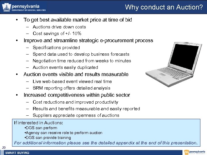 Why conduct an Auction? • To get best available market price at time of