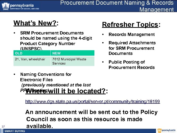 Procurement Document Naming & Records Management What’s New? : Refresher Topics: • • Records