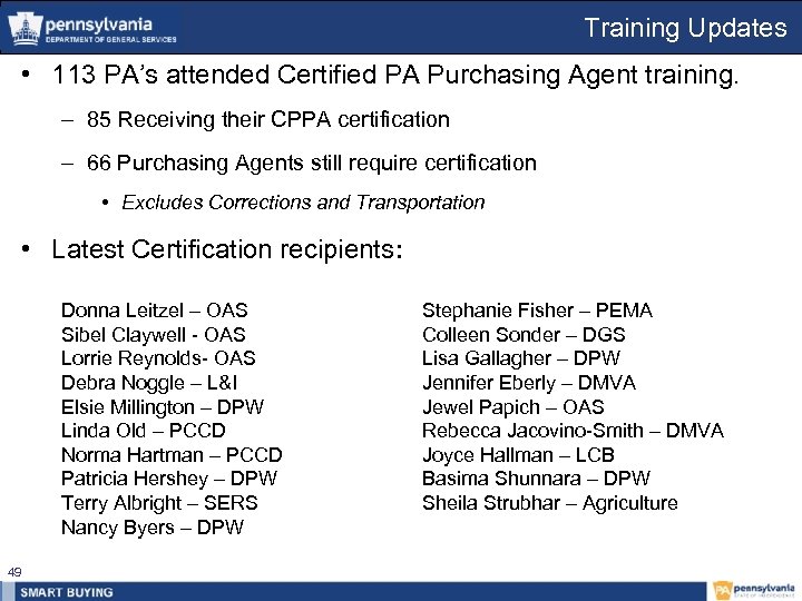 Training Updates • 113 PA’s attended Certified PA Purchasing Agent training. – 85 Receiving