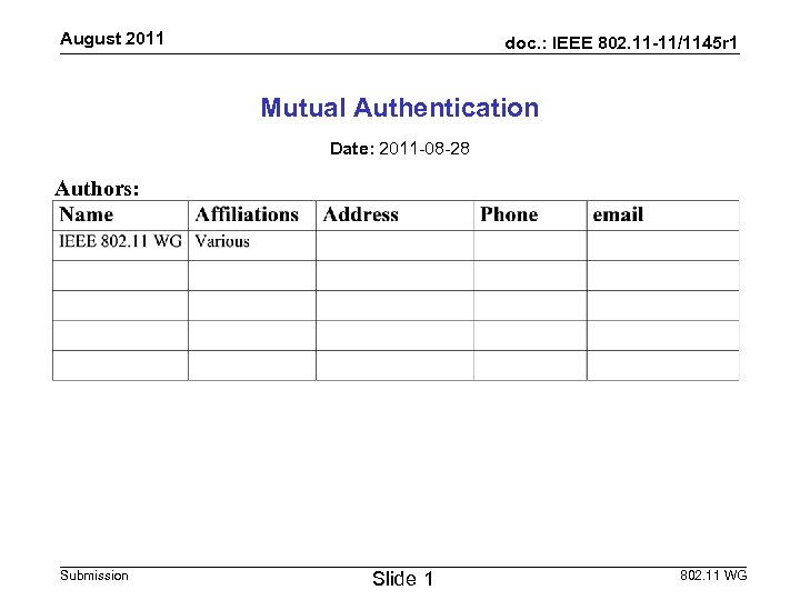 August 2011 doc. : IEEE 802. 11 -11/1145 r 1 Mutual Authentication Date: 2011