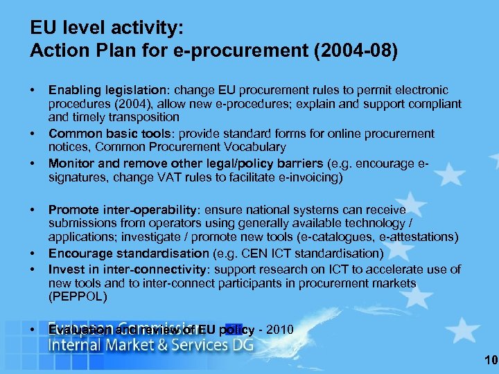 EU level activity: Action Plan for e-procurement (2004 -08) • • Enabling legislation: change