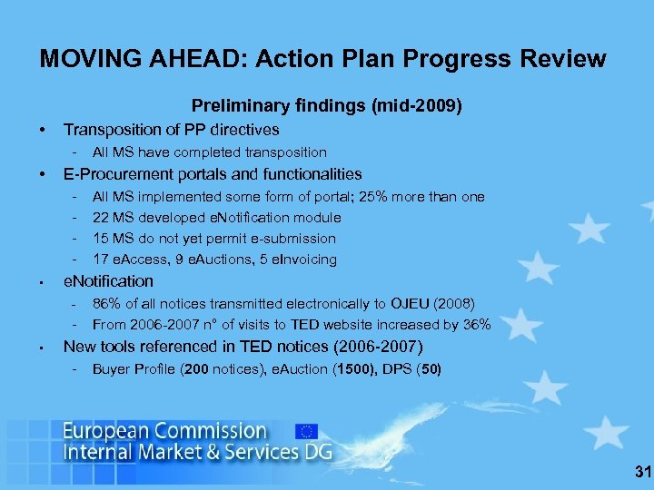 MOVING AHEAD: Action Plan Progress Review Preliminary findings (mid-2009) • Transposition of PP directives