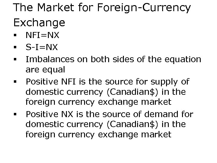 The Market for Foreign-Currency Exchange § § § NFI=NX S-I=NX Imbalances on both sides