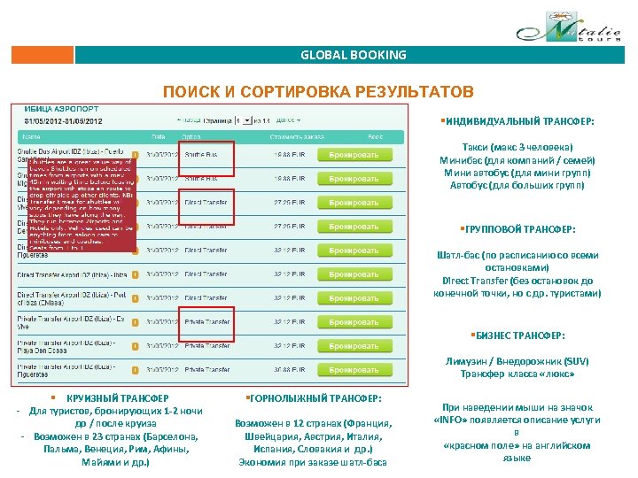 GLOBAL BOOKING ПОИСК И СОРТИРОВКА РЕЗУЛЬТАТОВ §ИНДИВИДУАЛЬНЫЙ ТРАНСФЕР: Такси (макс 3 человека) Минибас (для