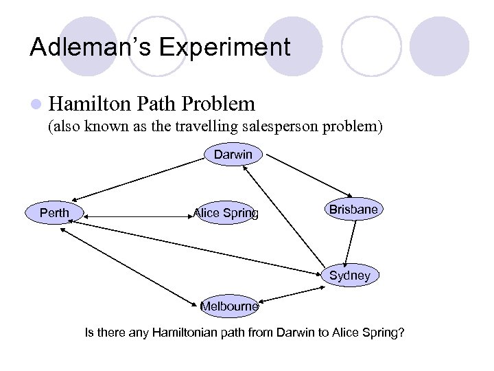 Adleman’s Experiment l Hamilton Path Problem (also known as the travelling salesperson problem) Darwin