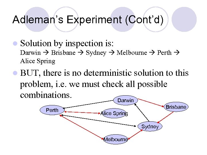 Adleman’s Experiment (Cont’d) l Solution by inspection is: Darwin Brisbane Sydney Melbourne Perth Alice