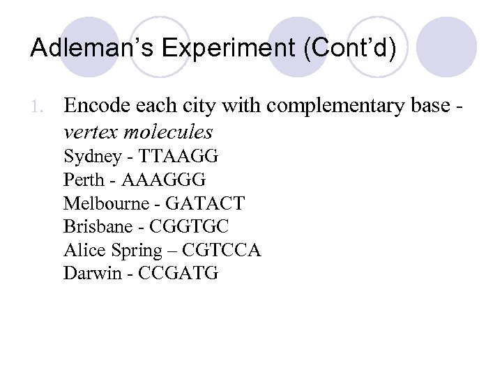 Adleman’s Experiment (Cont’d) 1. Encode each city with complementary base vertex molecules Sydney -