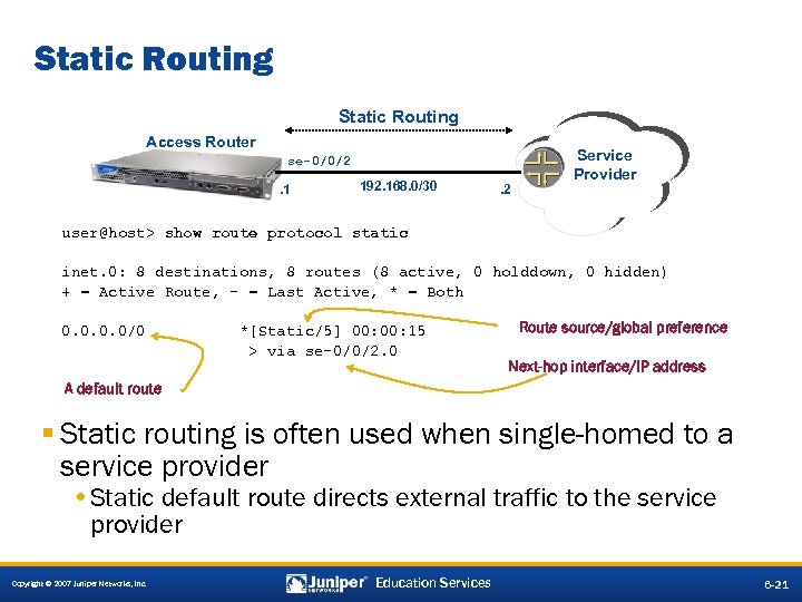Static Routing Access Router se-0/0/2. 1 192. 168. 0/30 . 2 Service Provider user@host>