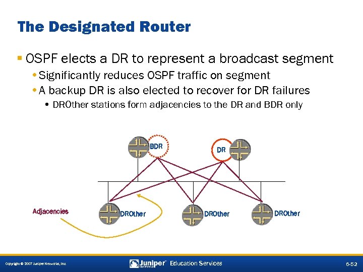 The Designated Router § OSPF elects a DR to represent a broadcast segment •