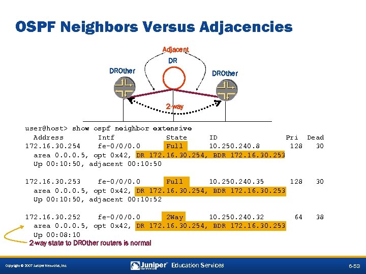 OSPF Neighbors Versus Adjacencies Adjacent DR DROther 2 -way user@host> show ospf neighbor extensive