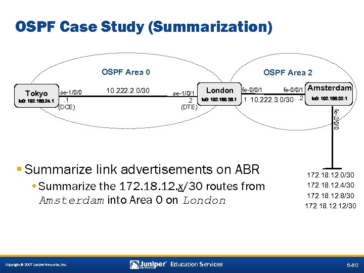OSPF Case Study (Summarization) OSPF Area 0 Tokyo HARLIE lo 0: 192. 168. 24.