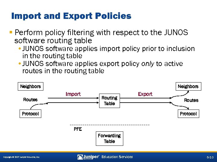 Import and Export Policies § Perform policy filtering with respect to the JUNOS software