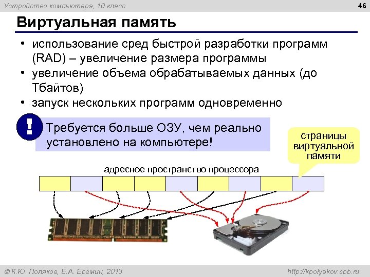 46 Устройство компьютера, 10 класс Виртуальная память • использование сред быстрой разработки программ (RAD)