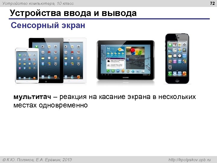 72 Устройство компьютера, 10 класс Устройства ввода и вывода Сенсорный экран мультитач – реакция