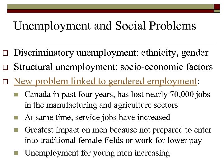 Unemployment and Social Problems o o o Discriminatory unemployment: ethnicity, gender Structural unemployment: socio-economic