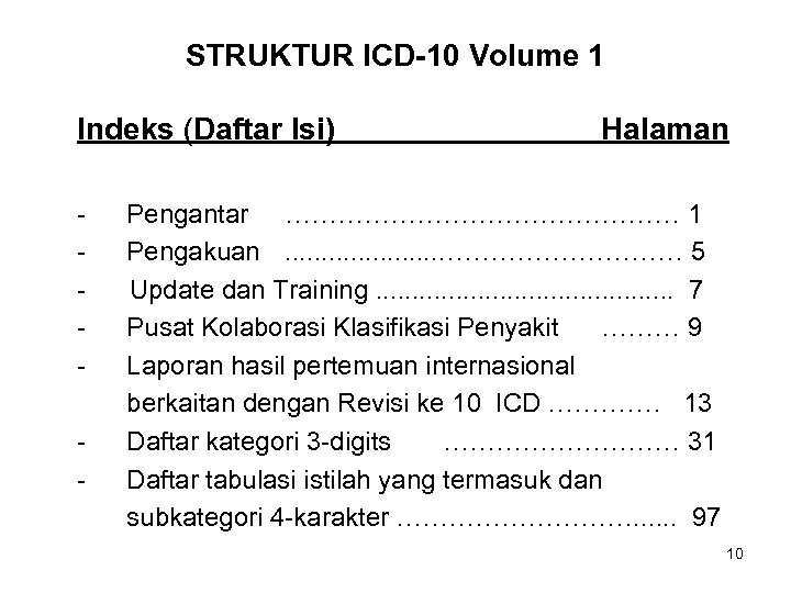 STRUKTUR ICD-10 Volume 1 Indeks (Daftar Isi) - Halaman Pengantar …………………… 1 Pengakuan. .