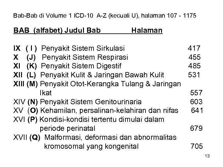 Bab-Bab di Volume 1 ICD-10 A-Z (kecuali U), halaman 107 - 1175 BAB (alfabet)