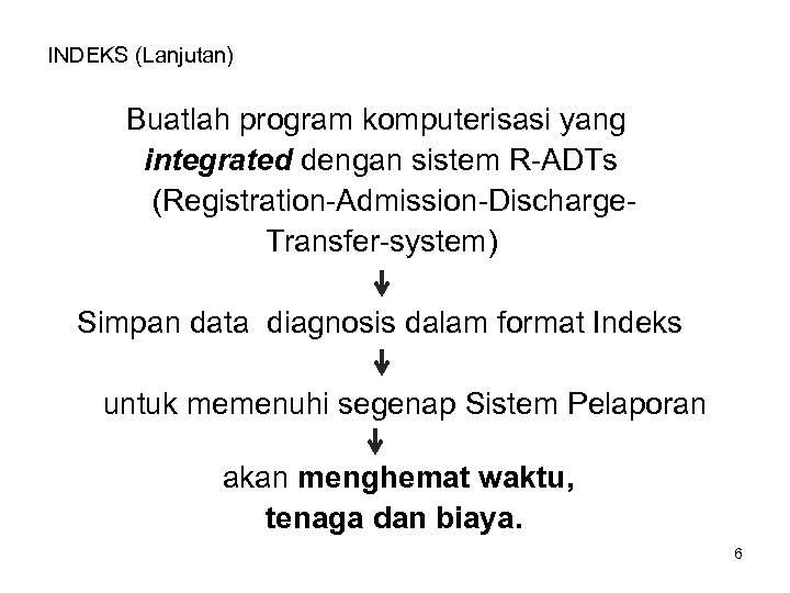 INDEKS (Lanjutan) Buatlah program komputerisasi yang integrated dengan sistem R-ADTs (Registration-Admission-Discharge. Transfer-system) Simpan data