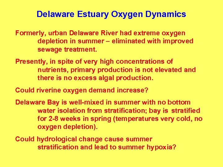 Delaware Estuary Oxygen Dynamics Formerly, urban Delaware River had extreme oxygen depletion in summer