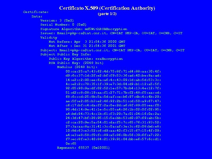 Certificato X. 509 (Certification Authority) Certificate: (parte 1/2) Data: Version: 3 (0 x 2)