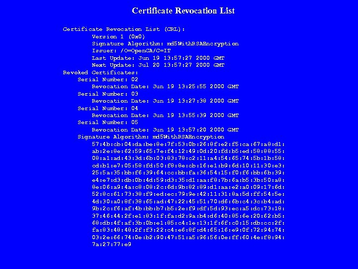 Certificate Revocation List (CRL): Version 1 (0 x 0) Signature Algorithm: md 5 With.