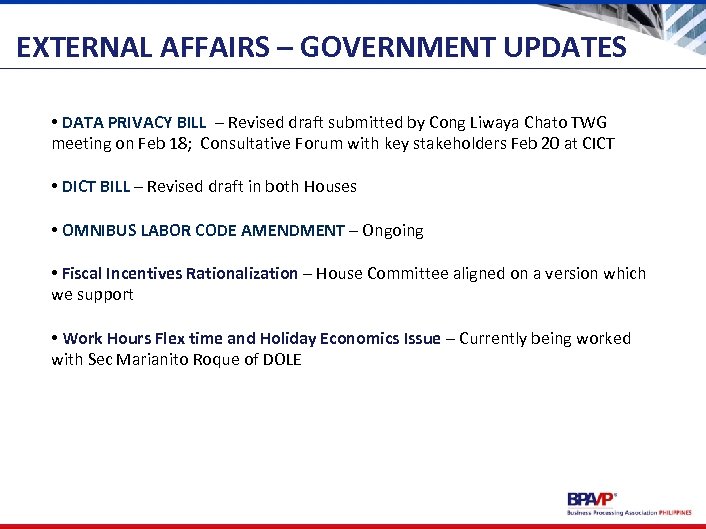 EXTERNAL AFFAIRS – GOVERNMENT UPDATES • DATA PRIVACY BILL – Revised draft submitted by