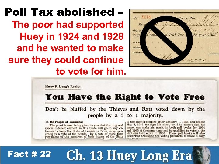 Poll Tax abolished – The poor had supported Huey in 1924 and 1928 and