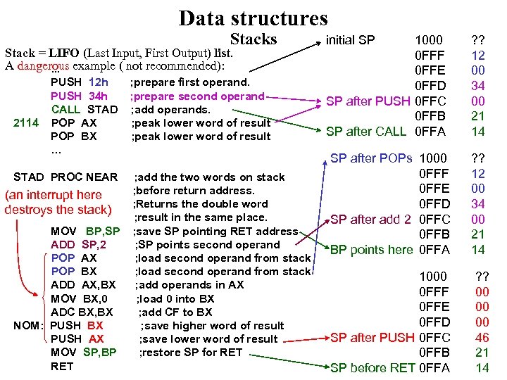 Data structures Stack = LIFO (Last Input, First Output) list. A dangerous example (