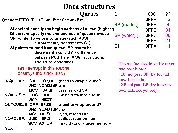 Data structures Queue = FIFO (First Input, First Output) list. SI BP (reader) 1000