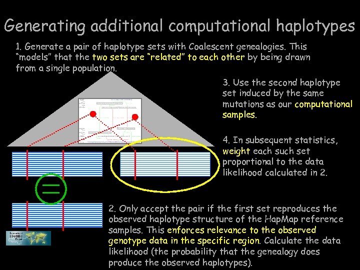 Generating additional computational haplotypes 1. Generate a pair of haplotype sets with Coalescent genealogies.