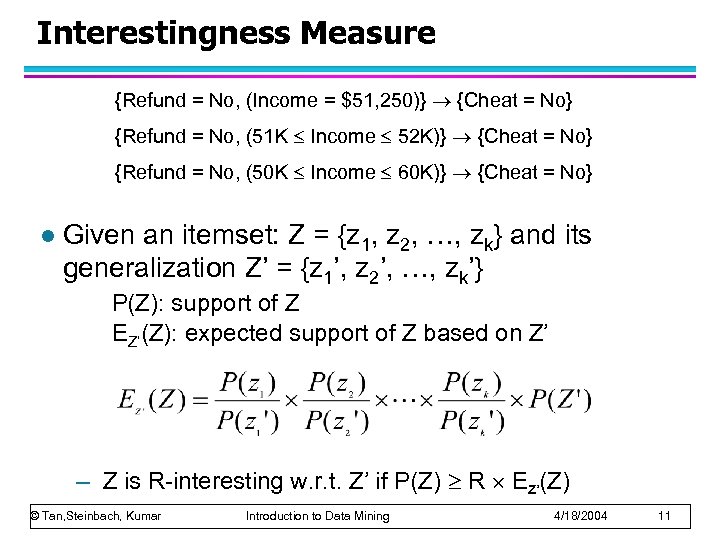 Interestingness Measure {Refund = No, (Income = $51, 250)} {Cheat = No} {Refund =