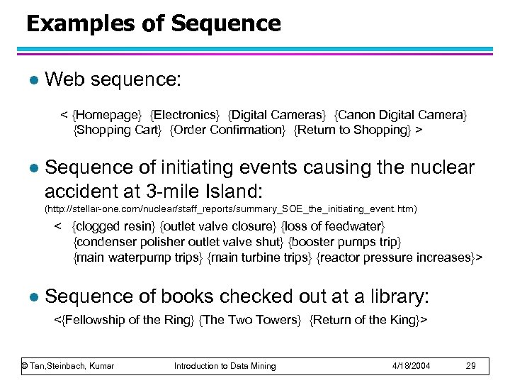 Examples of Sequence l Web sequence: < {Homepage} {Electronics} {Digital Cameras} {Canon Digital Camera}