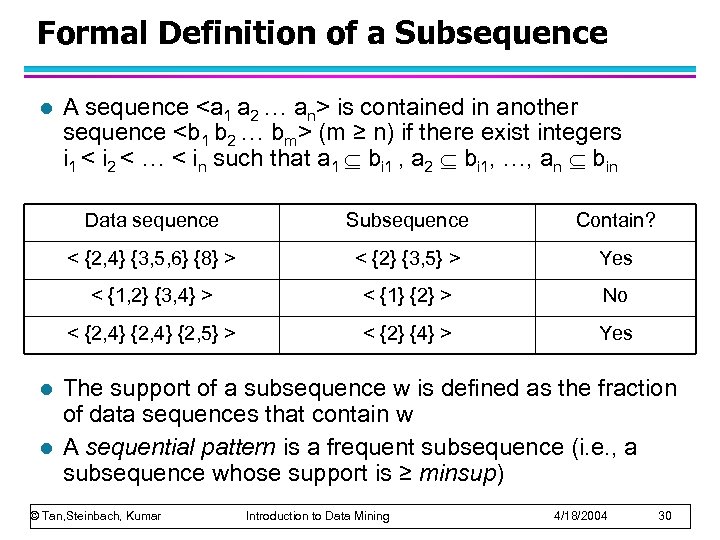 Formal Definition of a Subsequence l A sequence <a 1 a 2 … an>