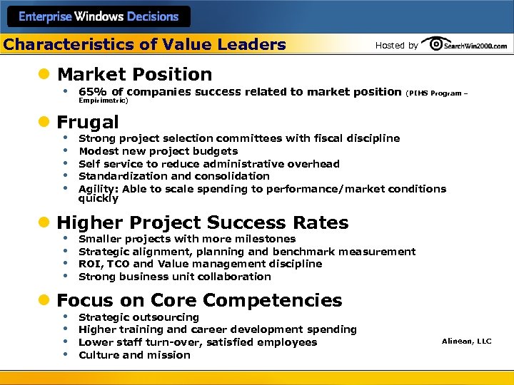 Characteristics of Value Leaders Hosted by l Market Position • 65% of companies success