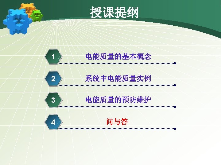 授课提纲 1 电能质量的基本概念 2 系统中电能质量实例 3 电能质量的预防维护 4 问与答 