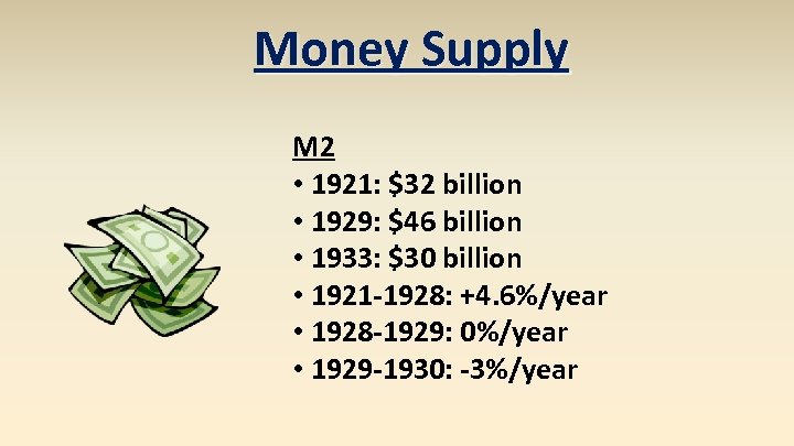 Money Supply M 2 • 1921: $32 billion • 1929: $46 billion • 1933: