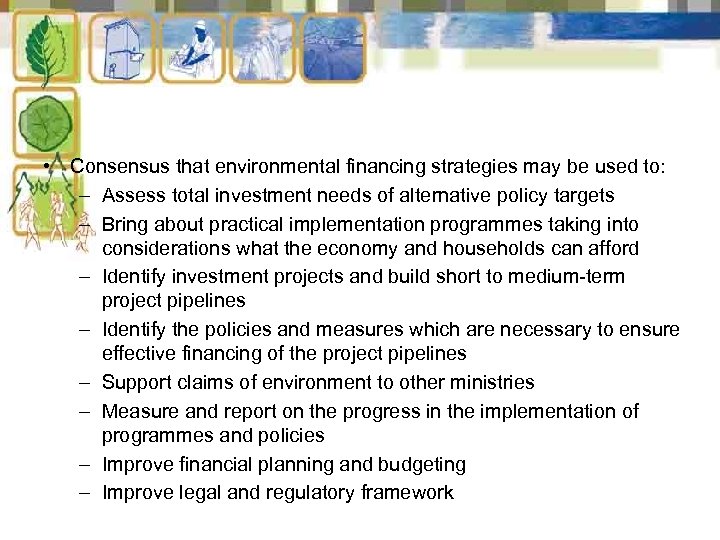  • Consensus that environmental financing strategies may be used to: – Assess total