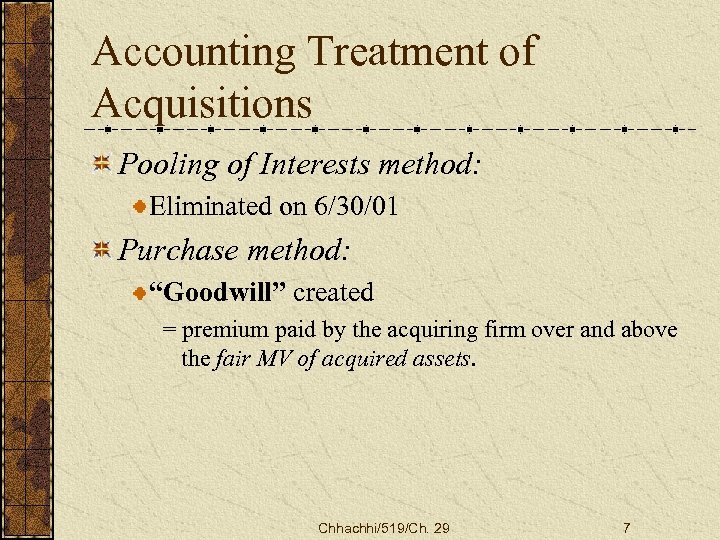 Accounting Treatment of Acquisitions Pooling of Interests method: Eliminated on 6/30/01 Purchase method: “Goodwill”