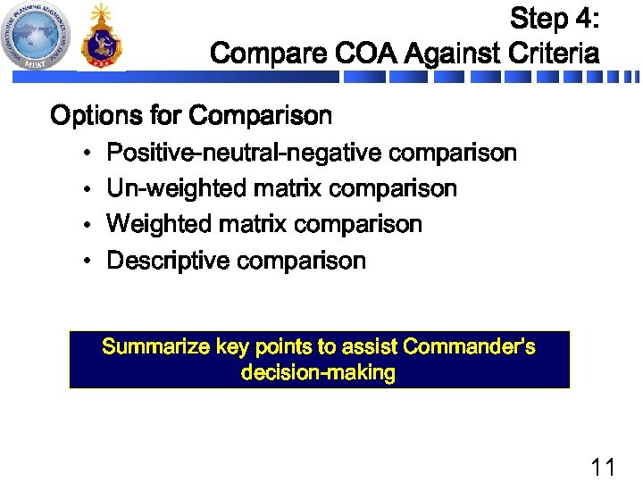 Step 4: Compare COA Against Criteria Options for Comparison • • Positive-neutral-negative comparison Un-weighted